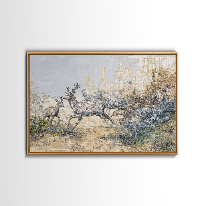 Leaping Antelope Beside Abstract City Skyline Wall Art, African Safari Art Print, Modern Nature Scene, Office Decor Gift