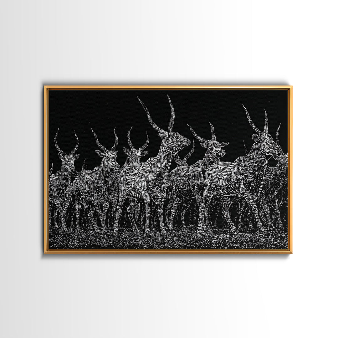 Black And White Ankole Herd At Night Canvas Print, African Animal Art, Minimalist Safari Decor, Bold Statement Wall Art Print