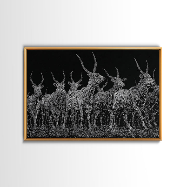 Black And White Ankole Herd At Night Canvas Print, African Animal Art, Minimalist Safari Decor, Bold Statement Wall Art Print