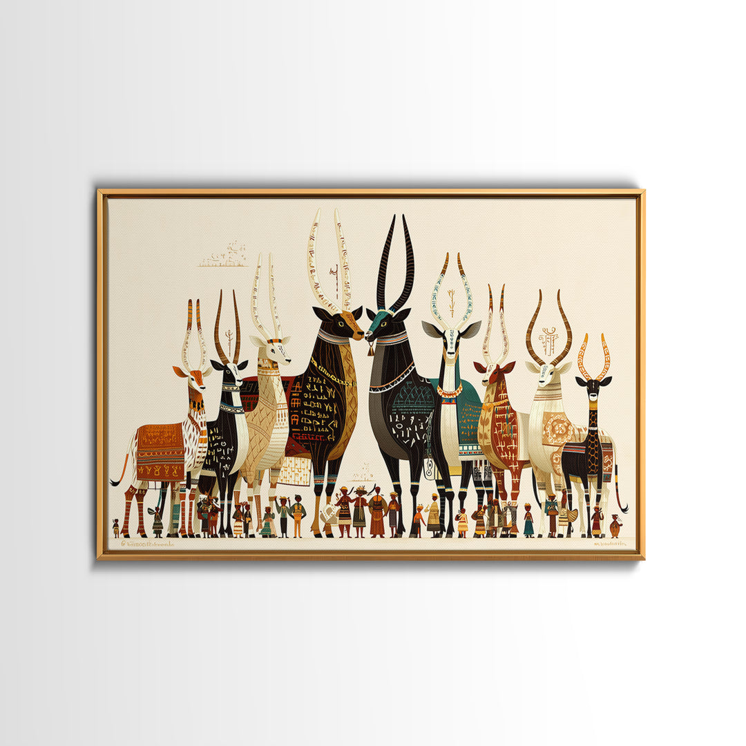 Stylized Sacred Cattle And Villagers Framed Canvas Print, African Egyptian Art, Tribal Culture Decor, Colorful Wall Art Print