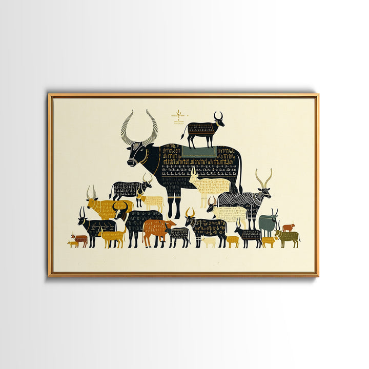 Stacked Sacred Cattle Hieroglyph Inspired Canvas Print, African Egyptian Art, Tribal Animal Decor, Unique Wall Art Print