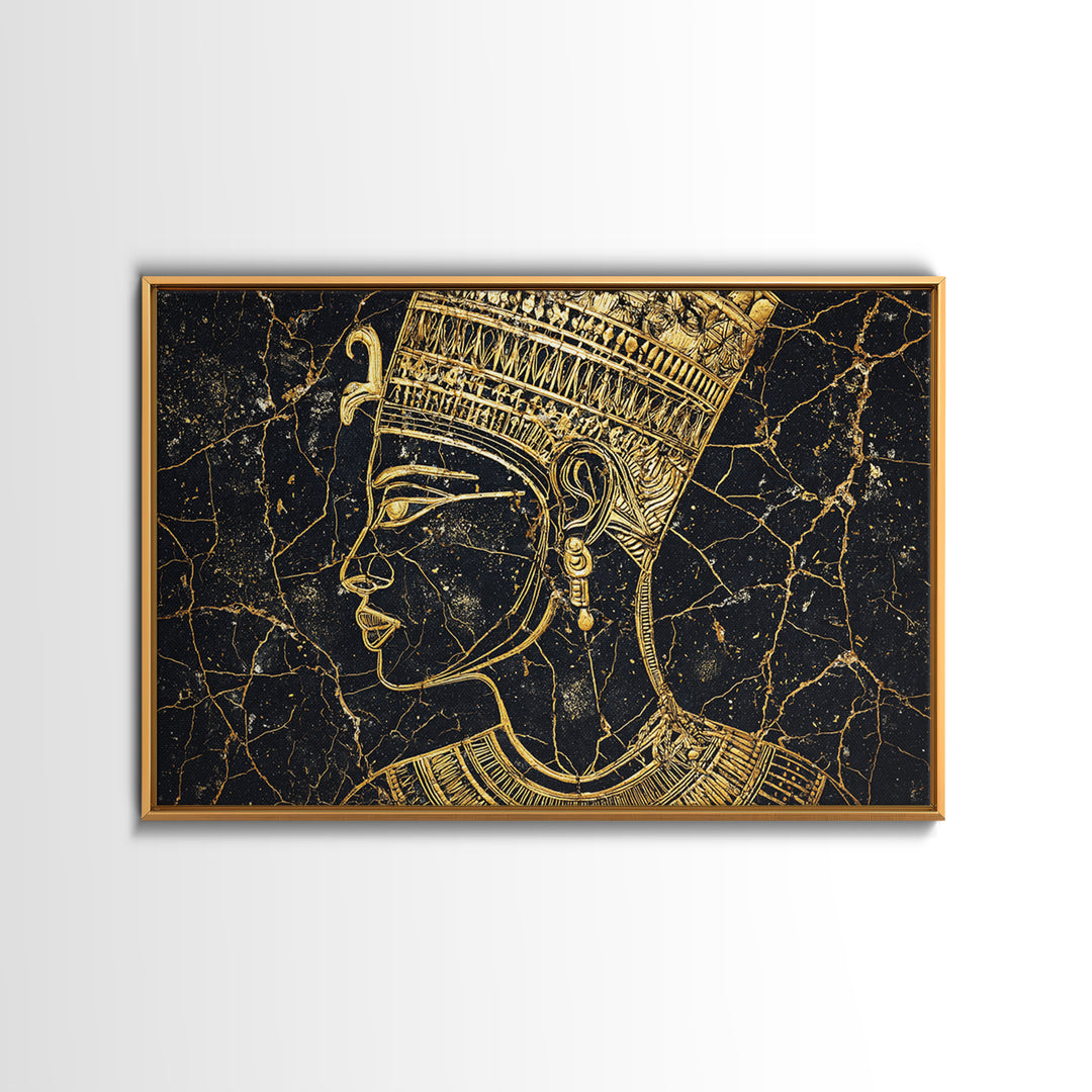 Gold Egyptian Queen Profile On Black Marble Wall Art, African Portrait, Afrocentric Decor, Black And Gold Cultural Home Decor