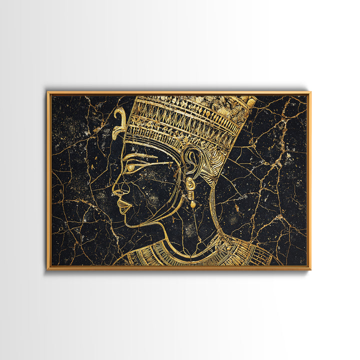 Gold Egyptian Queen Profile On Black Marble Wall Art, African Portrait, Afrocentric Decor, Black And Gold Cultural Home Decor