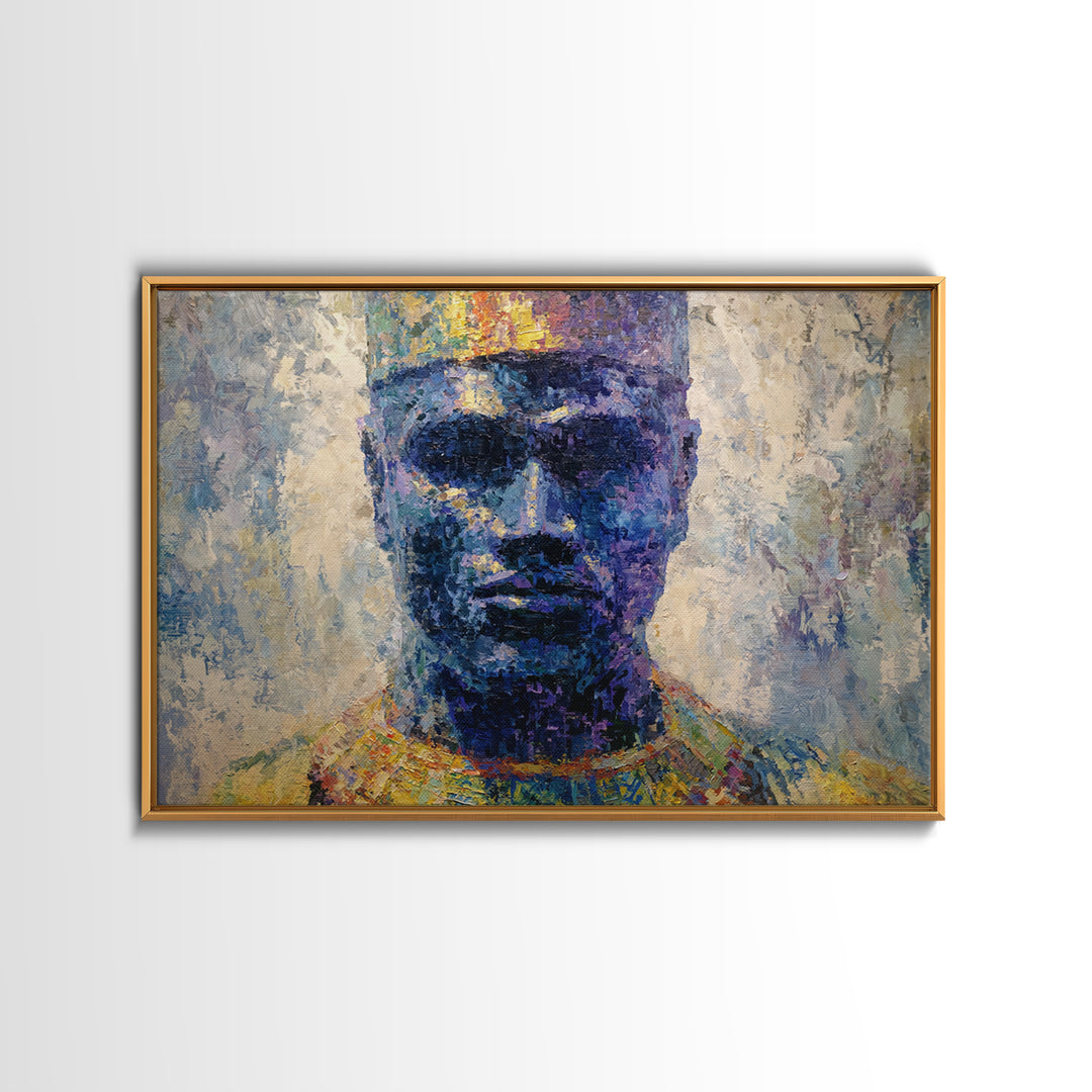 Blue Crowned African Man Portrait Canvas Print, Modern Afrocentric Art, Black Male Wall Decor, Textured Cultural Artwork
