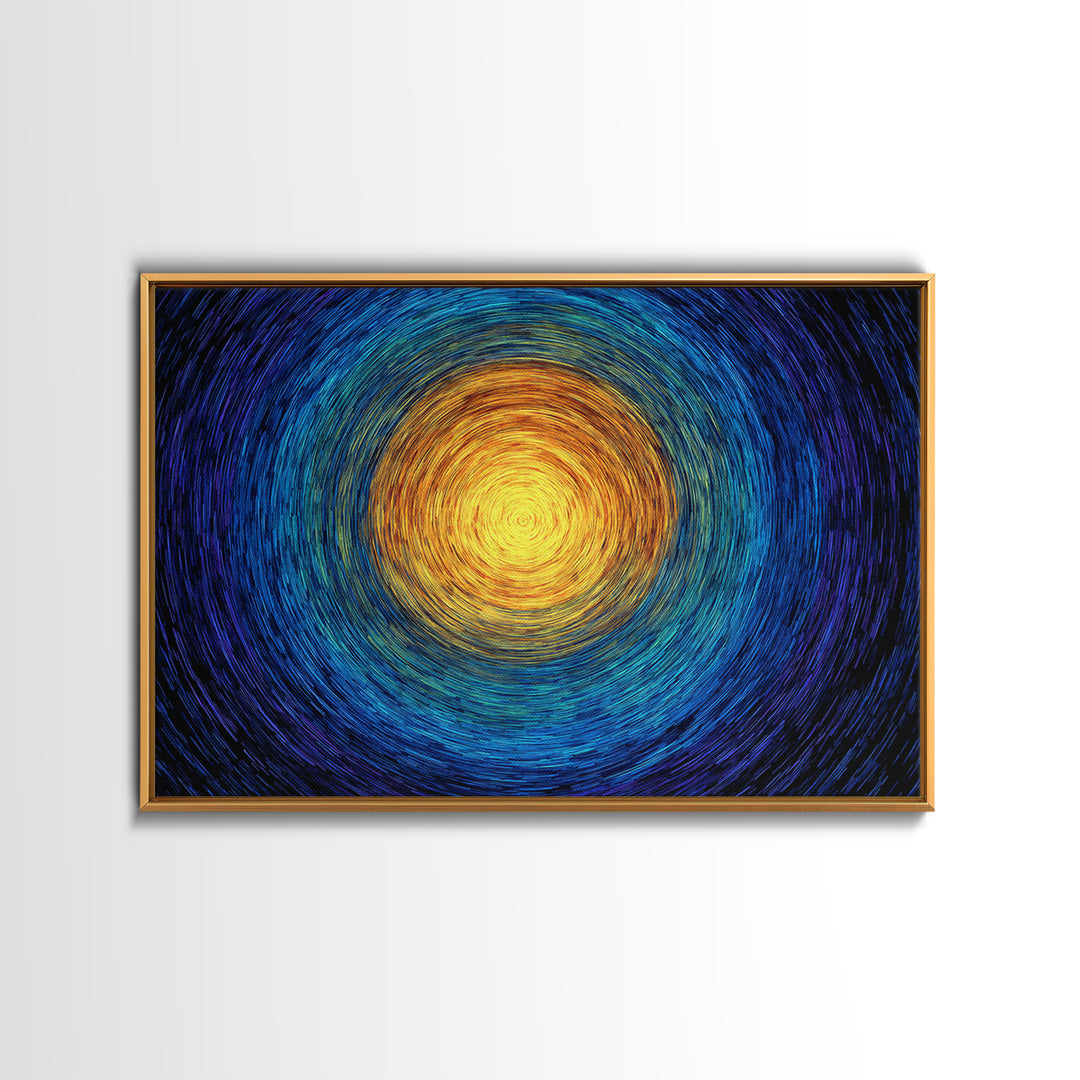 Radiant Sun Spiral In Blue And Gold Wall Art, Abstract African Inspired Print, Modern Canvas Decor, Meditation Room Artwork