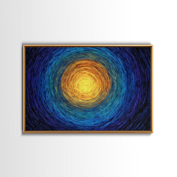 Radiant Sun Spiral In Blue And Gold Wall Art, Abstract African Inspired Print, Modern Canvas Decor, Meditation Room Artwork
