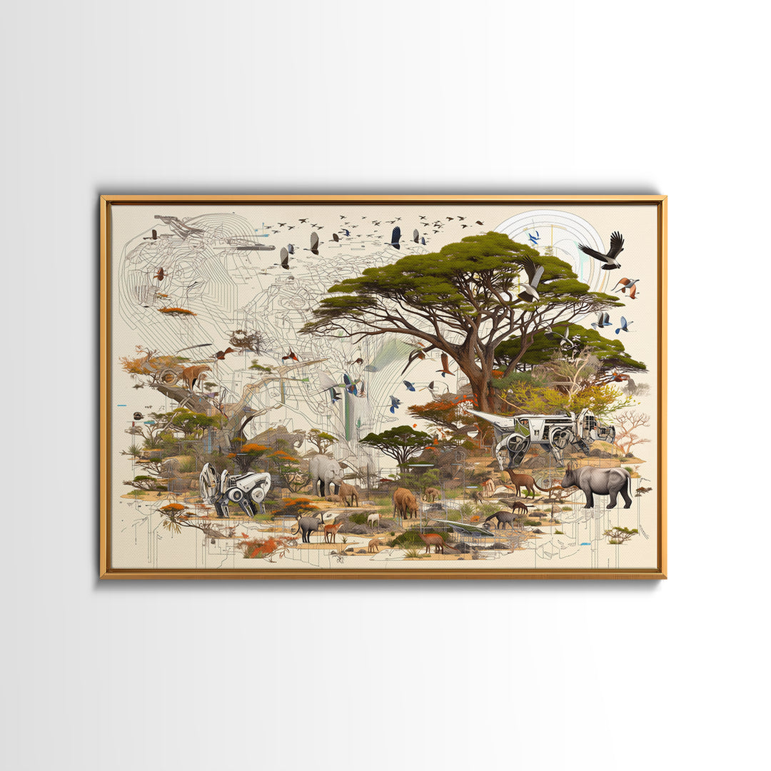 Acacia Safari Wildlife Collage Framed Canvas Print, African Animal Art, Serengeti Wall Decor, Nature Scene Living Room Decor