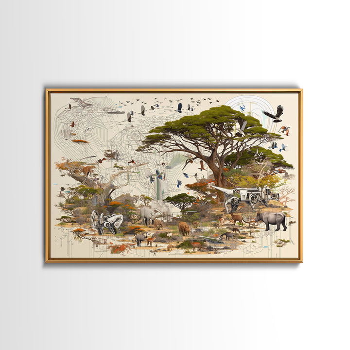 Acacia Safari Wildlife Collage Framed Canvas Print, African Animal Art, Serengeti Wall Decor, Nature Scene Living Room Decor