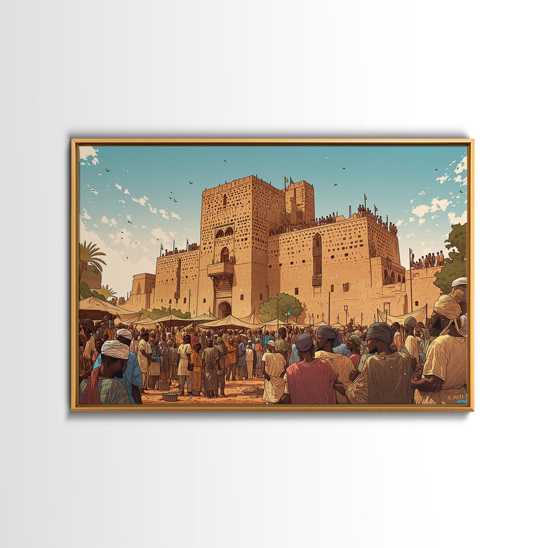 Adobe African Market Fortress Canvas Print, Cultural City Wall Art, West Africa Poster, Earth Tone Travel Home Decor Gift