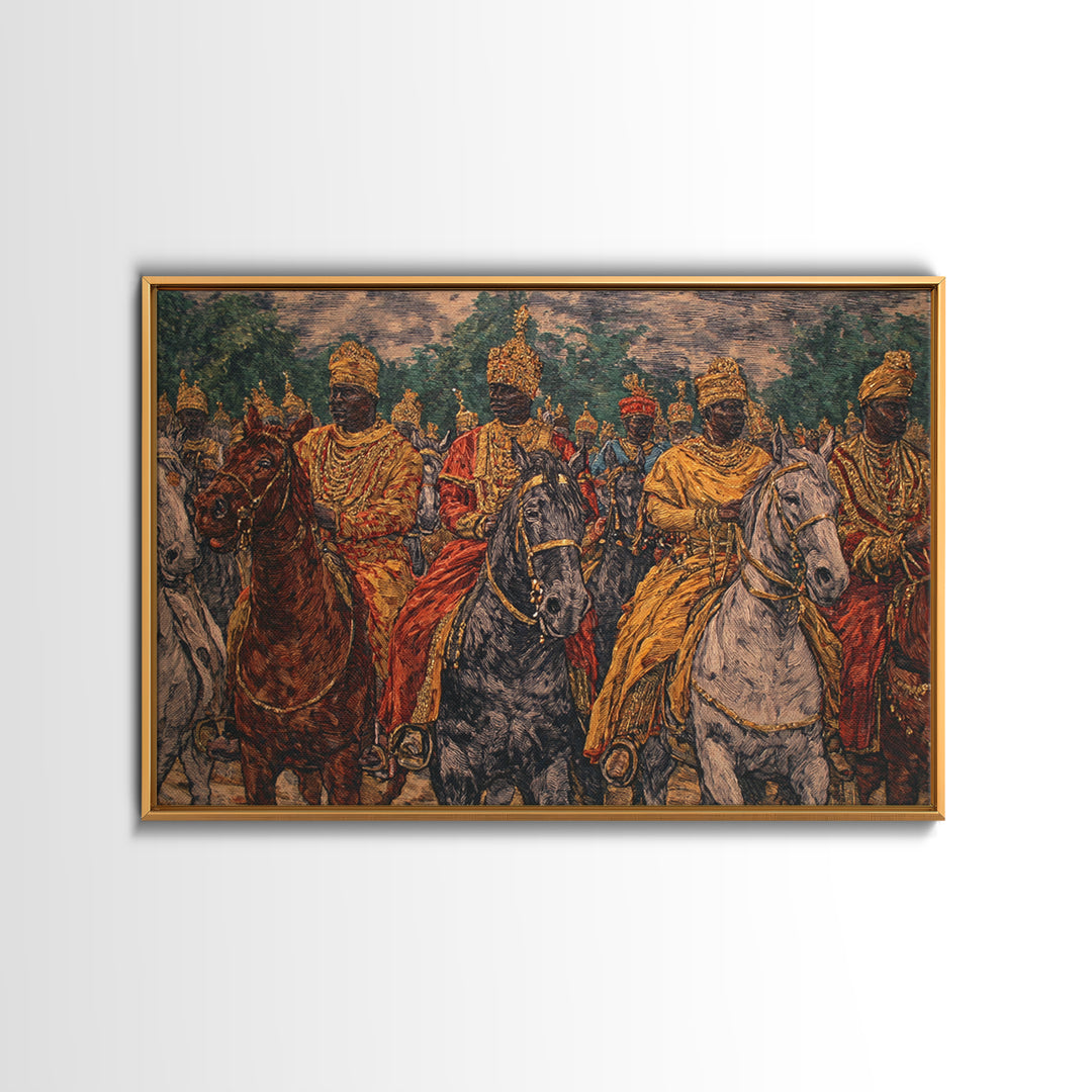 Regal African Horsemen Procession Wall Art, Royal Warrior Riders, Afrocentric Decor, Tribal History, Luxury Canvas Home Decor