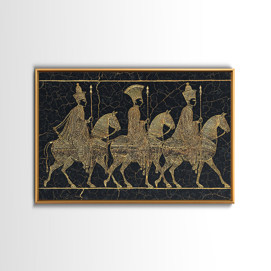 Ancient Gold African Horsemen Canvas Print, Black Tribal Line Art, Warrior Procession, Luxury Afrocentric Wall Decor, Statement Piece