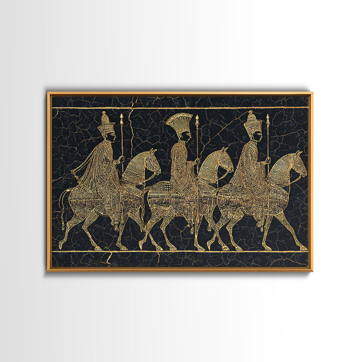 Ancient Gold African Horsemen Canvas Print, Black Tribal Line Art, Warrior Procession, Luxury Afrocentric Wall Decor, Statement Piece