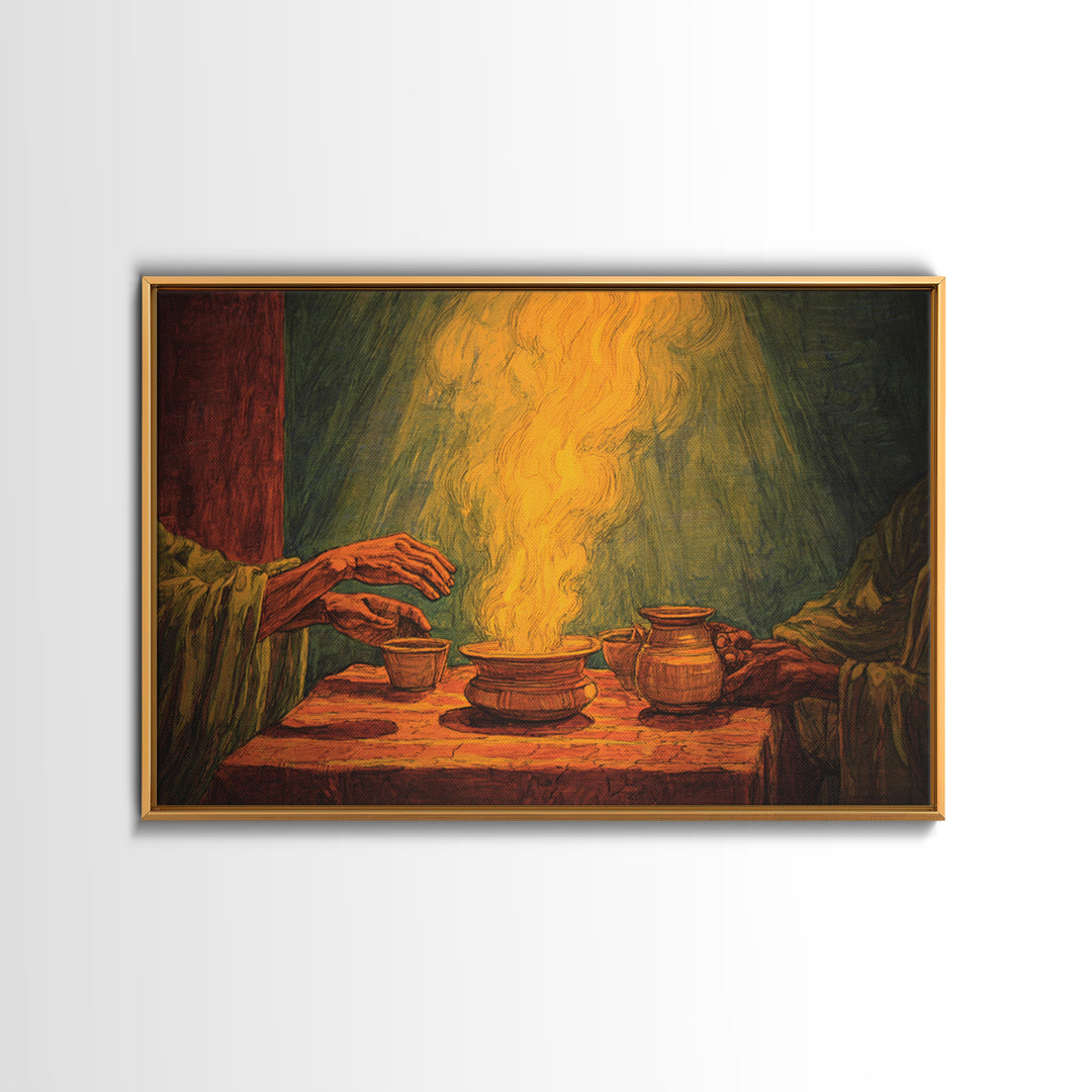 Glowing African Incense Ritual Canvas Print, Hands And Pottery, Spiritual Smoke Ceremony, Earth Tone Wall Decor, Cultural Gift
