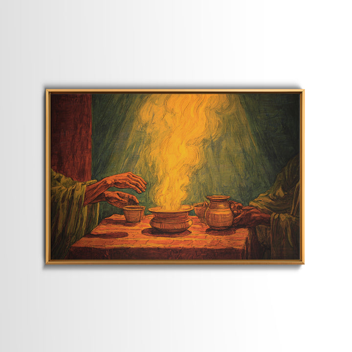 Glowing African Incense Ritual Canvas Print, Hands And Pottery, Spiritual Smoke Ceremony, Earth Tone Wall Decor, Cultural Gift