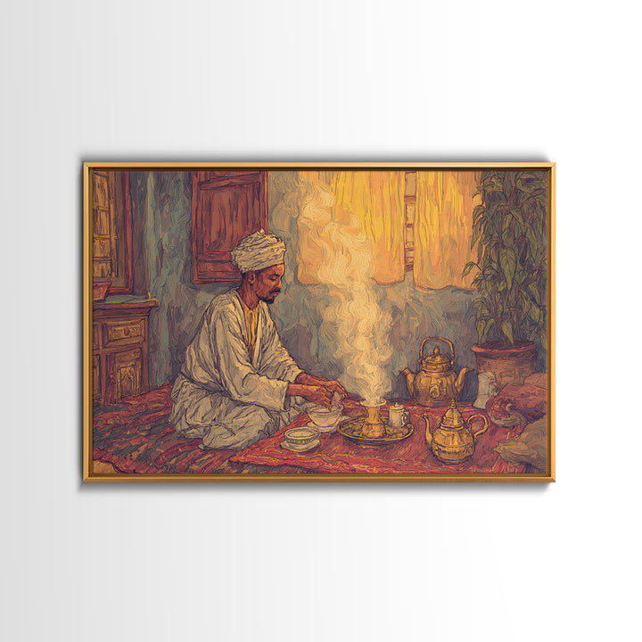 Seated African Tea Ceremony Framed Canvas Print, Spiritual Prayer Room Smoke, Traditional Interior, Afrocentric Wall Decor Gift