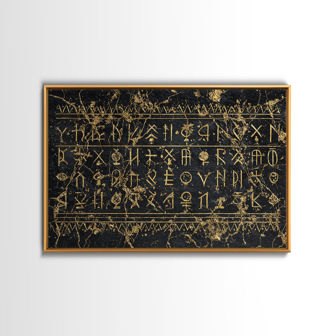 Black Gold Tribal Inscription Canvas Print, Ancient African Art, Textured Wall Decor, Ethnic Cultural Wall Art Gift For Him