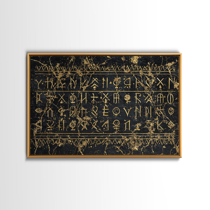 Black Gold Tribal Inscription Canvas Print, Ancient African Art, Textured Wall Decor, Ethnic Cultural Wall Art Gift For Him