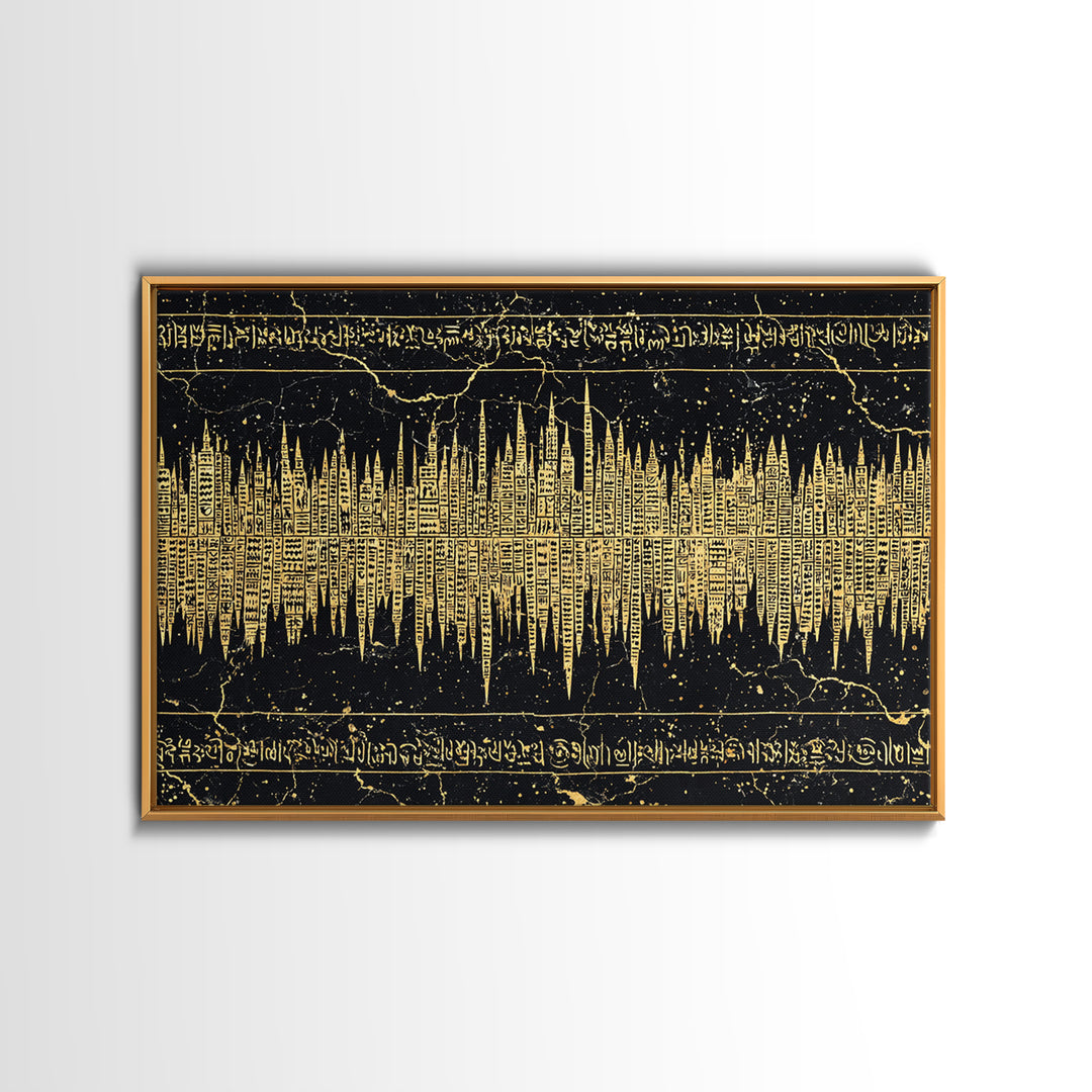 Golden Ancient Soundwave Script Wall Art, Black And Gold African Abstract, Spiritual Office Decor Framed Canvas Print Gift