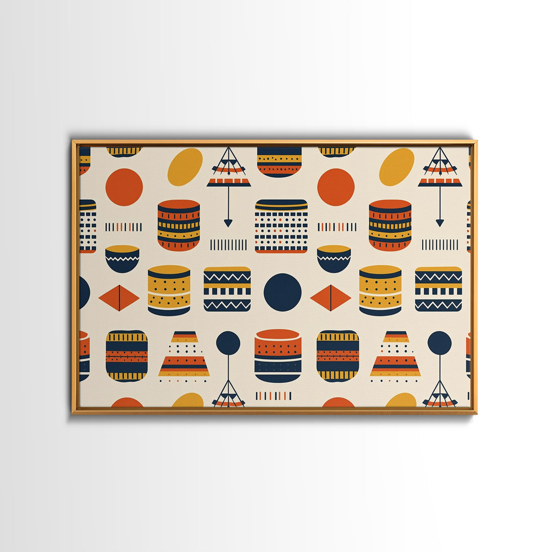 African Drum And Shield Pattern Wall Art, Ankara Inspired Geometric Decor, Tribal Fabric Style Framed Canvas Print Home Decor Gift
