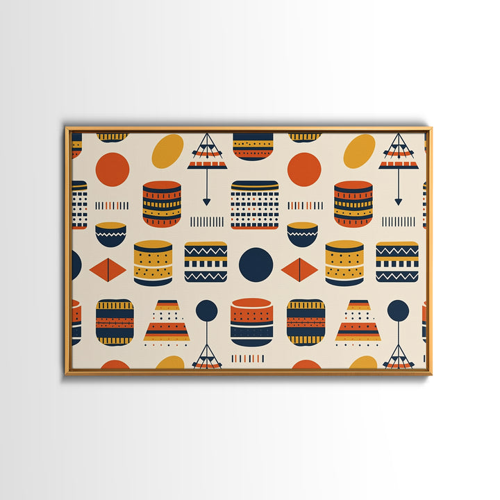 African Drum And Shield Pattern Wall Art, Ankara Inspired Geometric Decor, Tribal Fabric Style Framed Canvas Print Home Decor Gift