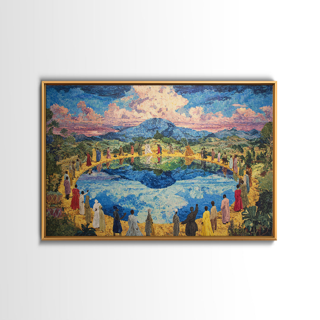 African Village Gathering By Blue Lake Wall Art, Colorful Landscape, Cultural Celebration, Large Living Room Canvas Print