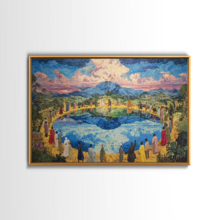 African Village Gathering By Blue Lake Wall Art, Colorful Landscape, Cultural Celebration, Large Living Room Canvas Print