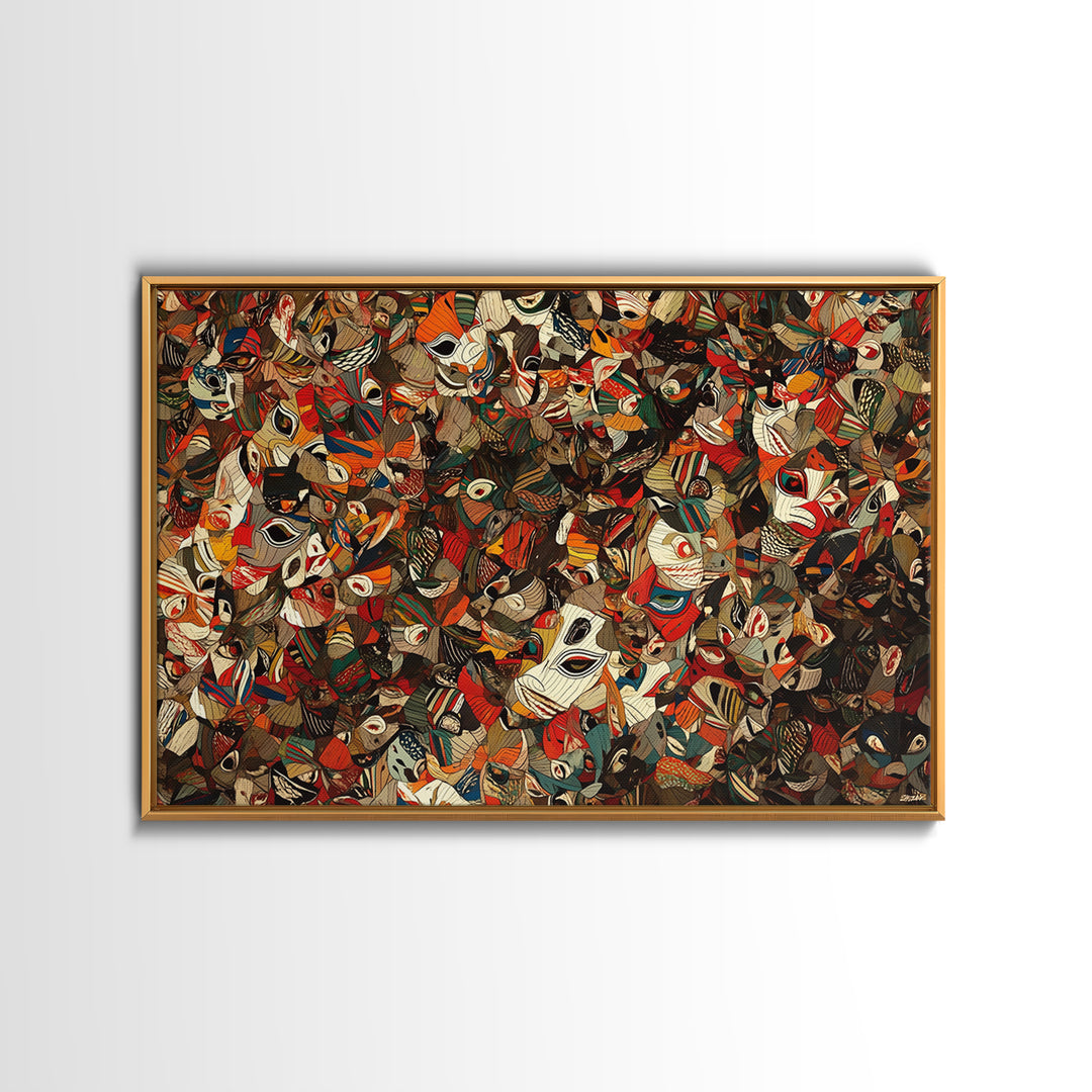 Dense African Tribal Mask Collage Wall Art, Abstract Ethnic Pattern, Afrocentric Decor, Bold Cultural Canvas Print Poster
