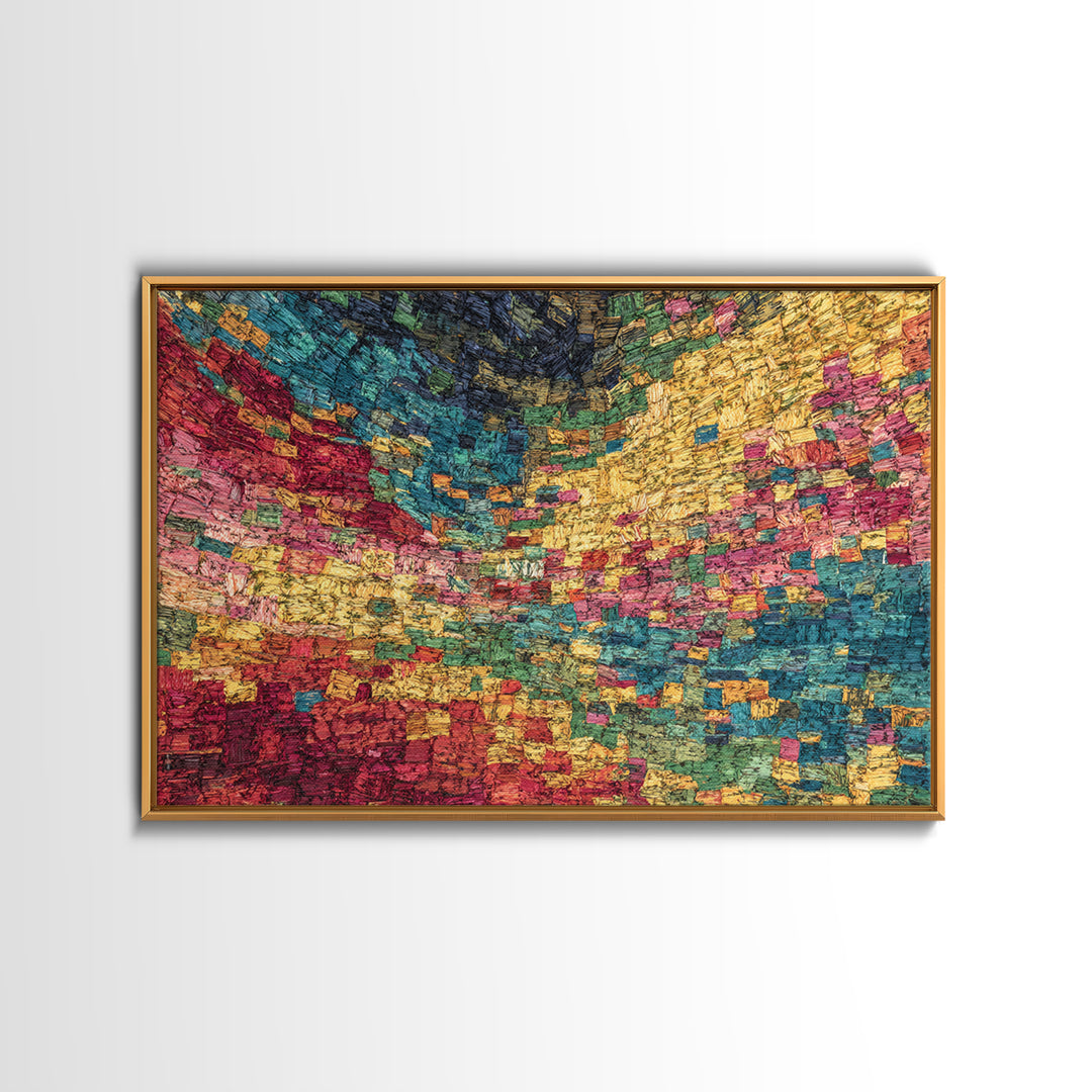 Colorful Mosaic Textile Landscape Wall Art, Abstract African Fabric Patterns, Modern Boho Decor, Textured Canvas Print Gift