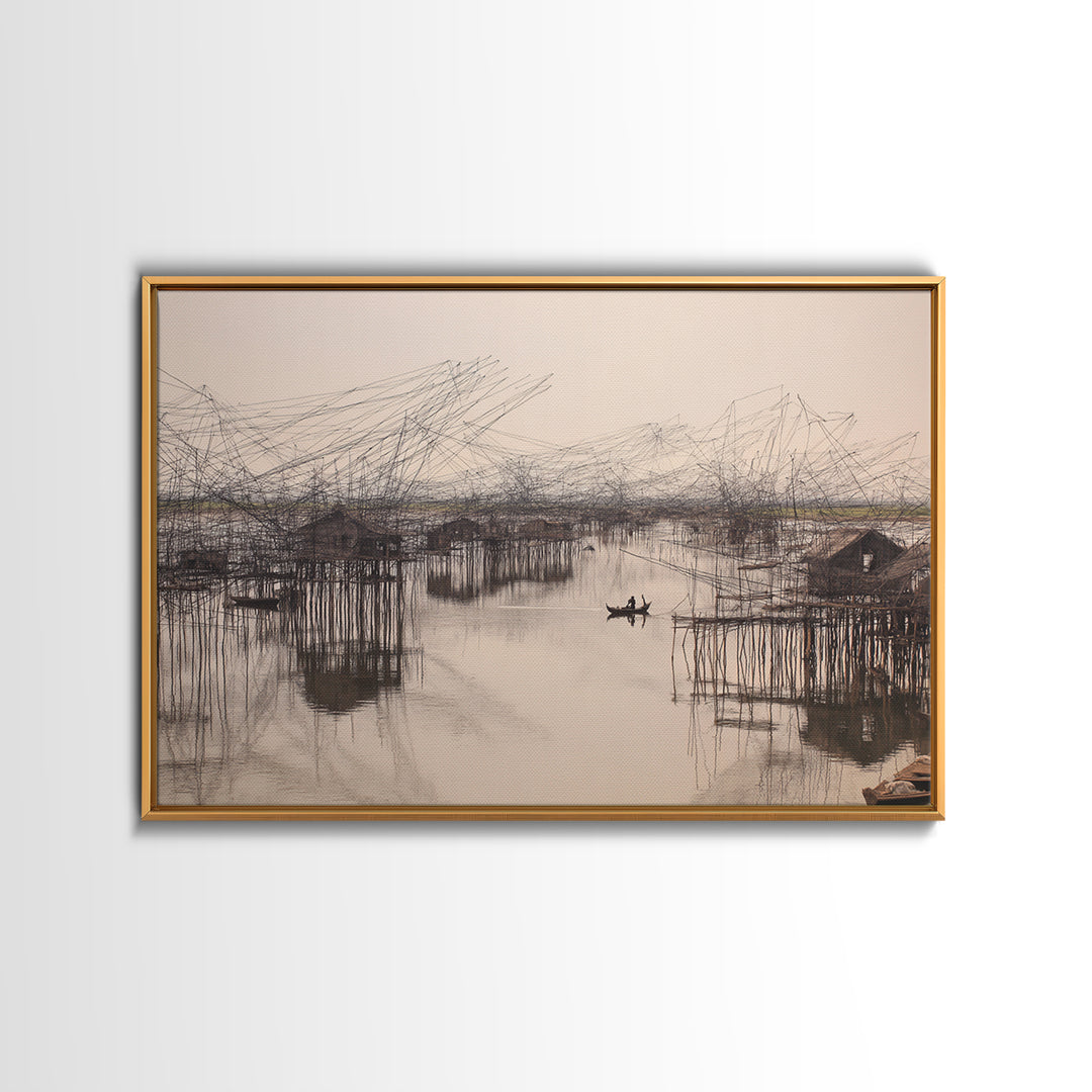 Sepia Stilt Fishing Village On Calm Water Wall Art, African Landscape, Coastal Home Decor, Serene Living Room Canvas Print