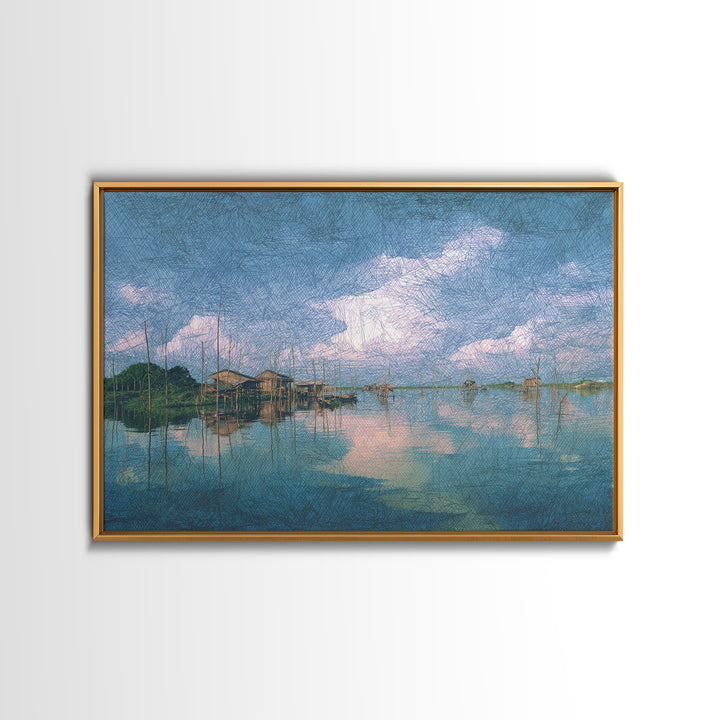 Blue Lagoon Stilt Houses Under Cloudy Sky Canvas Print, African Wall Art, Coastal Decor, Peaceful Lake Home Decor Art Gift