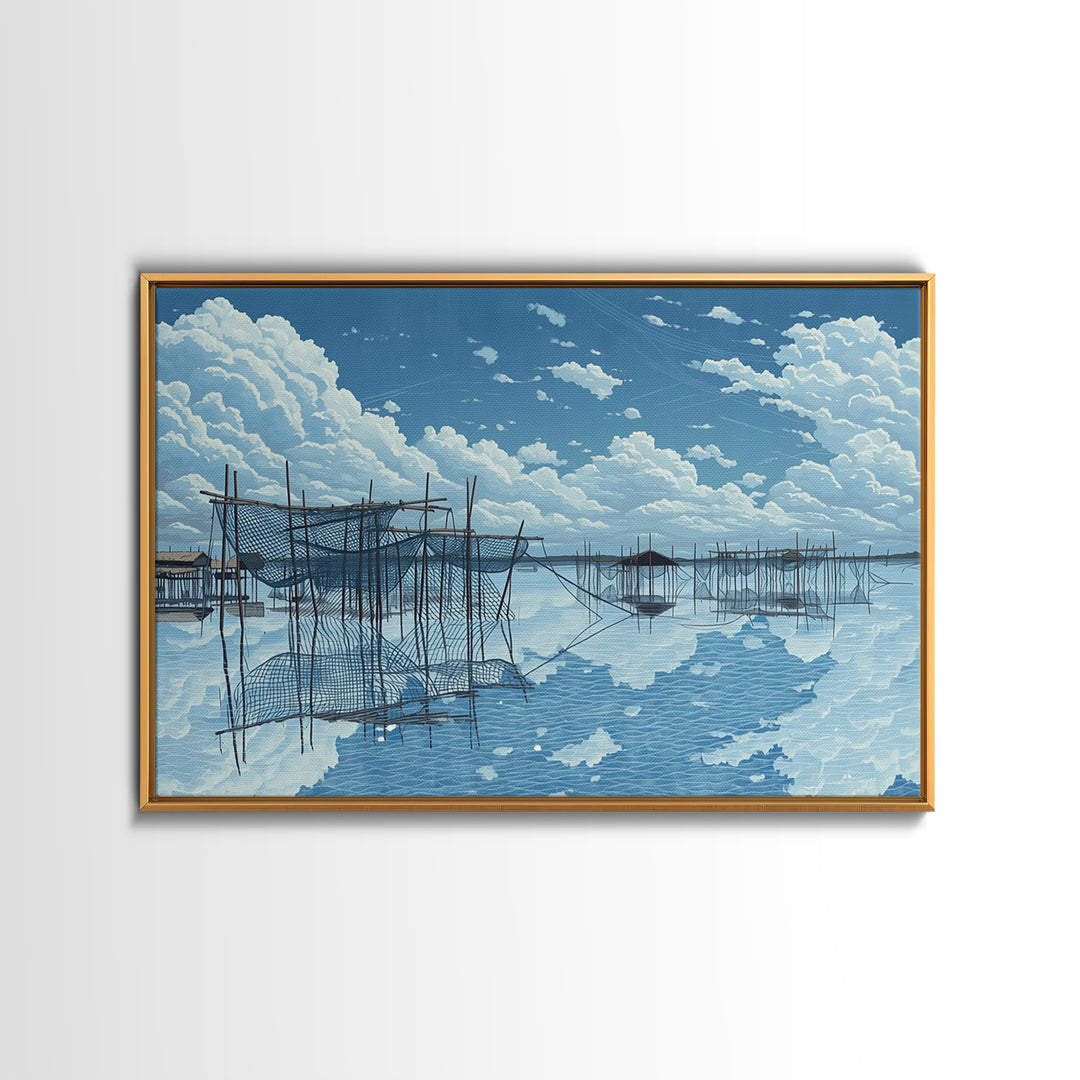 Bright Fishing Nets And Stilt Huts On Blue Lake Wall Art, African Landscape, Coastal Canvas Print, Serene Bedroom Decor Gift