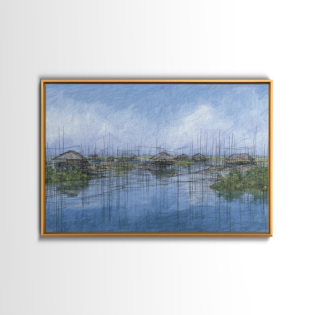 Rainy Wetland Stilt Huts With Blue Reflections Wall Art, African Landscape, Modern Coastal Decor, Peaceful Canvas Print Gift