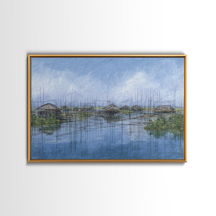 Rainy Wetland Stilt Huts With Blue Reflections Wall Art, African Landscape, Modern Coastal Decor, Peaceful Canvas Print Gift