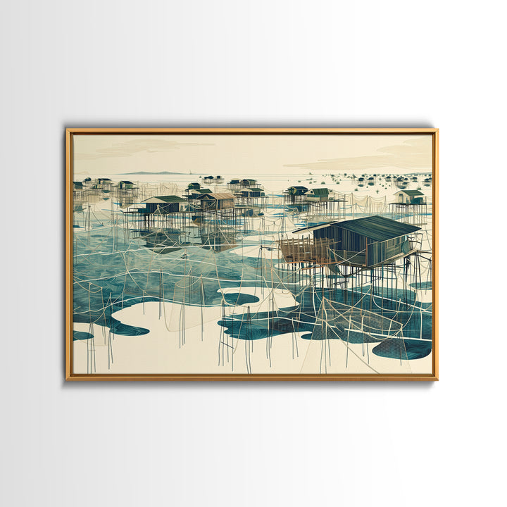 Graphic Stilt House Fishing Village Over Turquoise Water Wall Art, African Landscape, Modern Coastal Decor, Canvas Print Gift