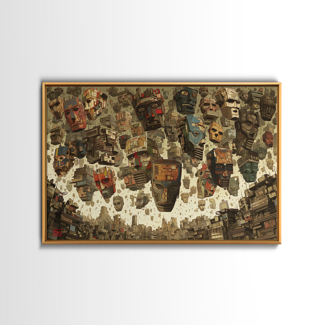 Floating Tribal Masks In Futuristic African City Framed Canvas Print, African Mask Art, Afrocentric Wall Decor, Bold Gift