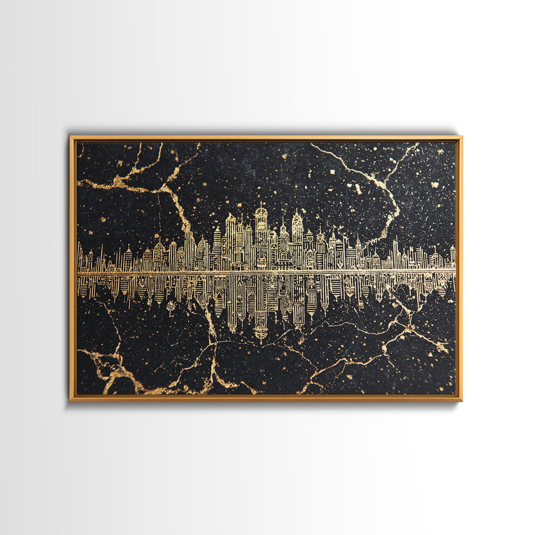 Gold Line Art Skyline Reflected On Black Marble Wall Art, Luxury Canvas Print, Modern Office Decor, Elegant Home Decor Gift