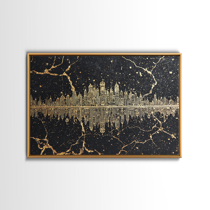 Gold Line Art Skyline Reflected On Black Marble Wall Art, Luxury Canvas Print, Modern Office Decor, Elegant Home Decor Gift
