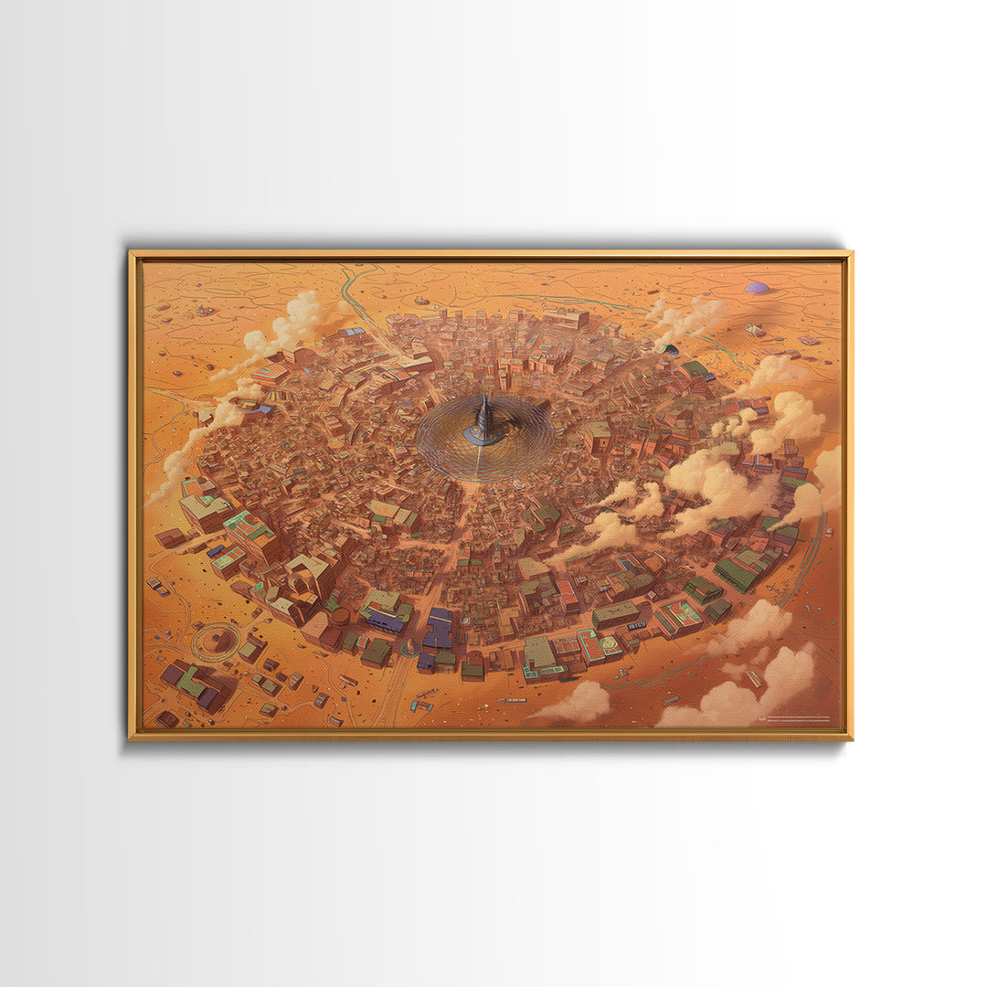 Circular Desert City Around A Central Spire Canvas Print, African Landscape Wall Art, Futuristic Home Decor, Unique Gift