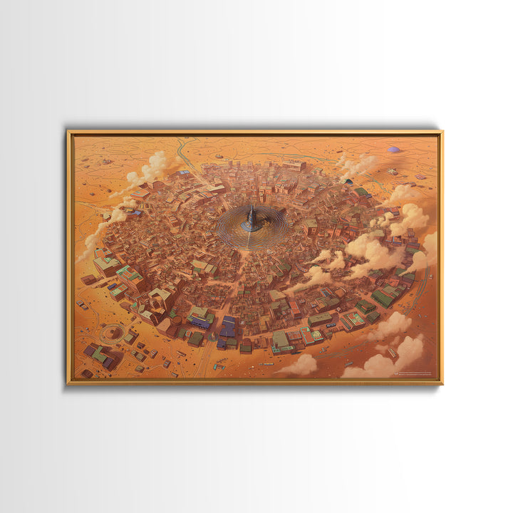 Circular Desert City Around A Central Spire Canvas Print, African Landscape Wall Art, Futuristic Home Decor, Unique Gift