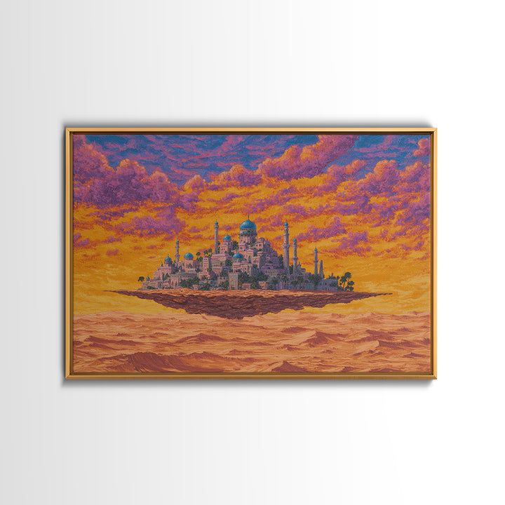 Floating Desert Palace Framed Canvas Print, Orange Sunset Mosque Artwork, African Inspired Travel Decor For Statement Walls