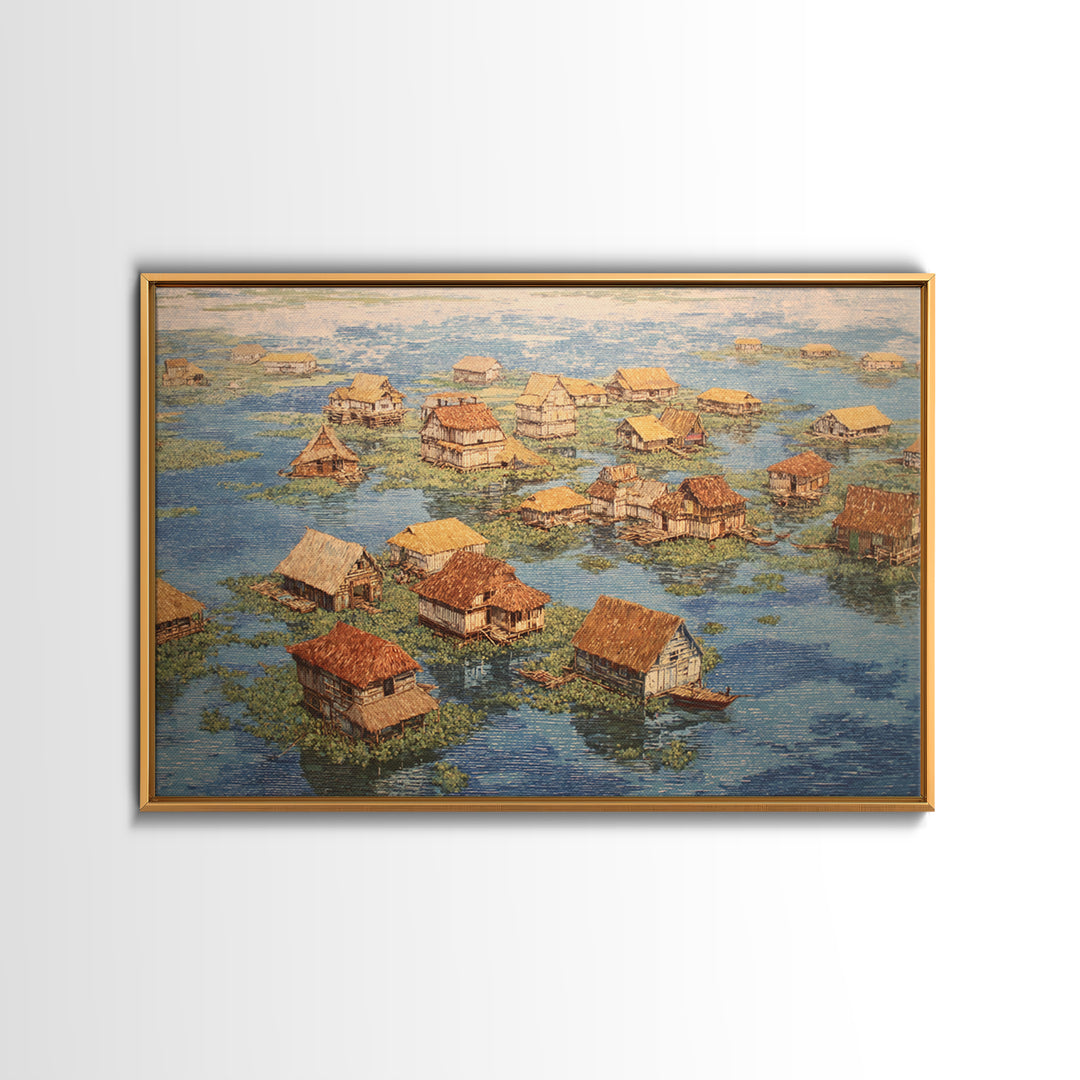 Peaceful Stilt Village Framed Canvas Print, Floating Water Houses And Boats, African Coastal Wall Decor For Home Gallery