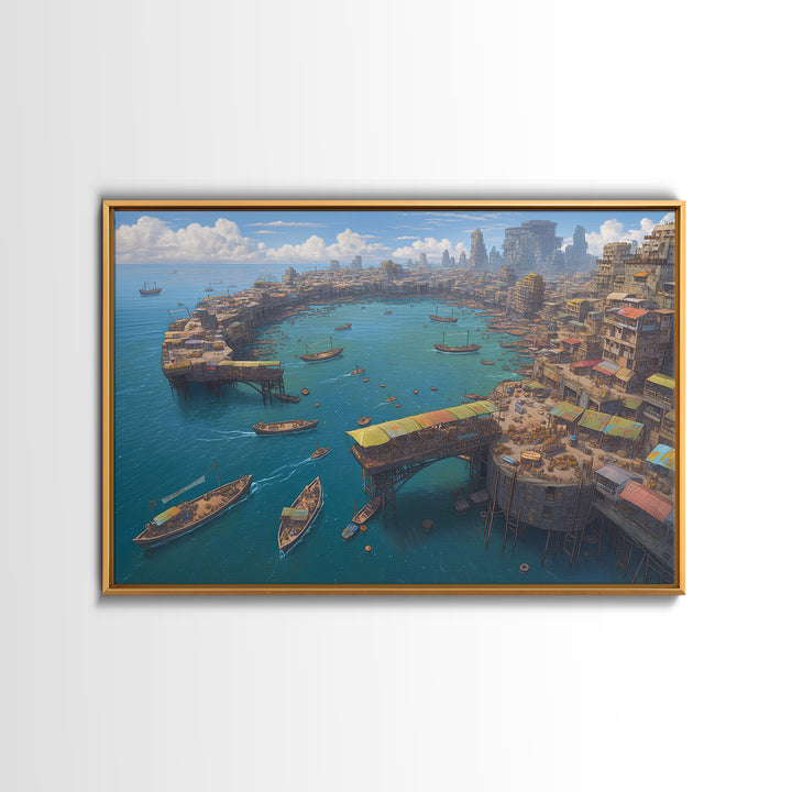 Futuristic African Harbor Canvas Print, Panoramic Coastal City With Boats, Modern Wall Art For Living Room Statement Decor