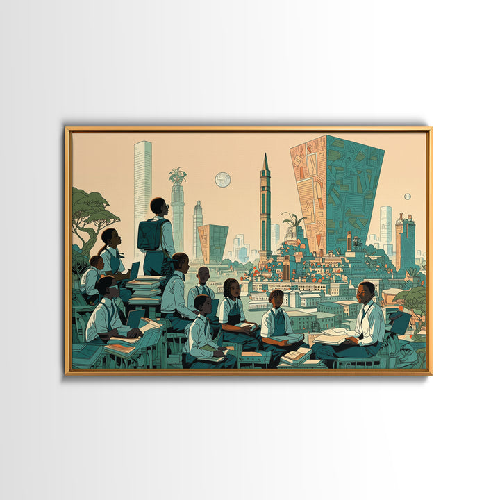 Afrofuturist Classroom Wall Art, African Children Cityscape, Black Education Poster, Modern Culture Home Decor Gift, Canvas Print