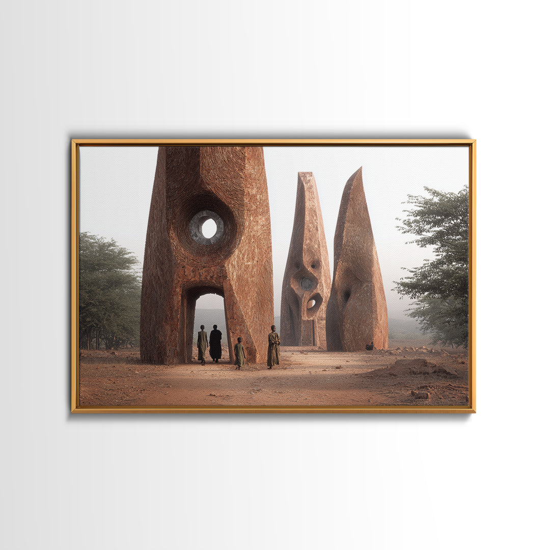 Terracotta Tribal Tower Wall Art, African Sculpture Inspired Architecture, Desert Monument Canvas Print, Bold Home Decor