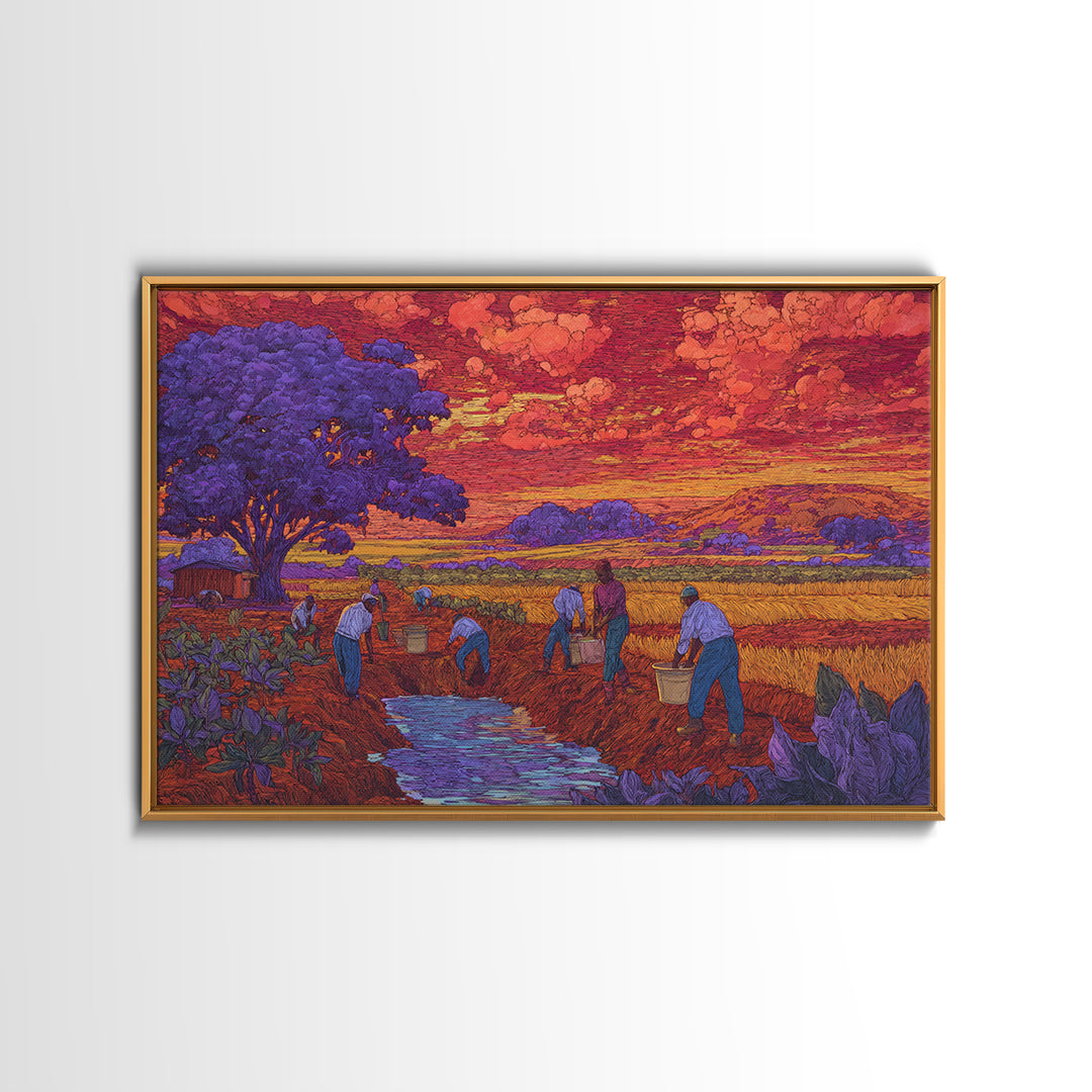 Purple Tree Harvest Wall Art, African Village Landscape, Colorful Sunset Field Painting, Cultural Canvas Print Decor Gift