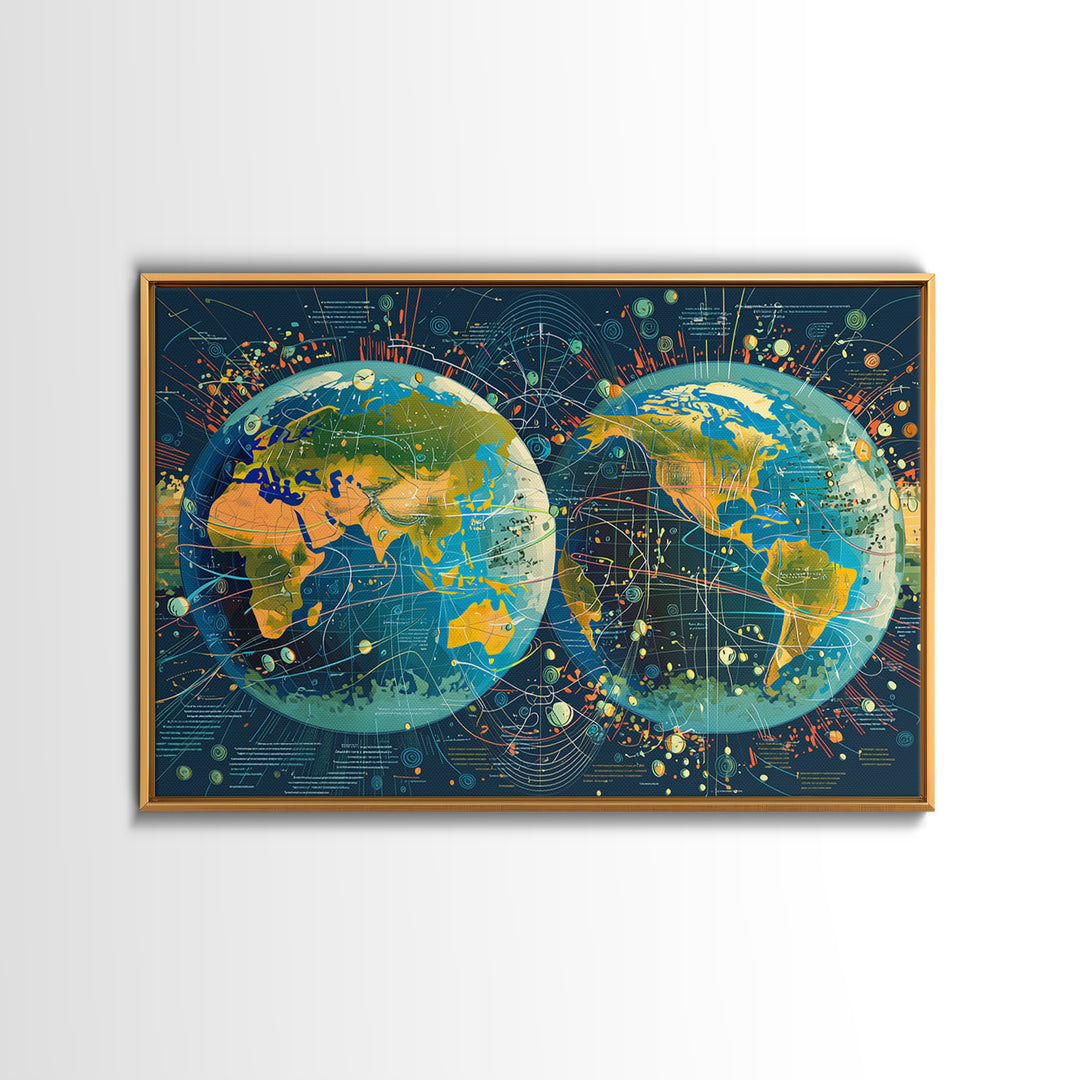 Dual Globe World Map Wall Art, Modern Geography Poster, Science Office Decor, Educational Travel Gift For Home And Classroom Decor
