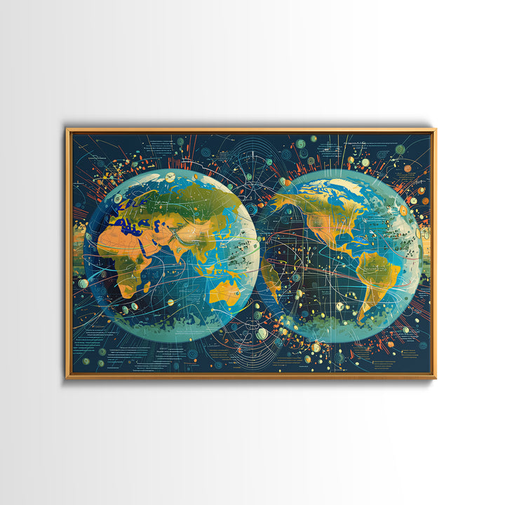 Dual Globe World Map Wall Art, Modern Geography Poster, Science Office Decor, Educational Travel Gift For Home And Classroom Decor
