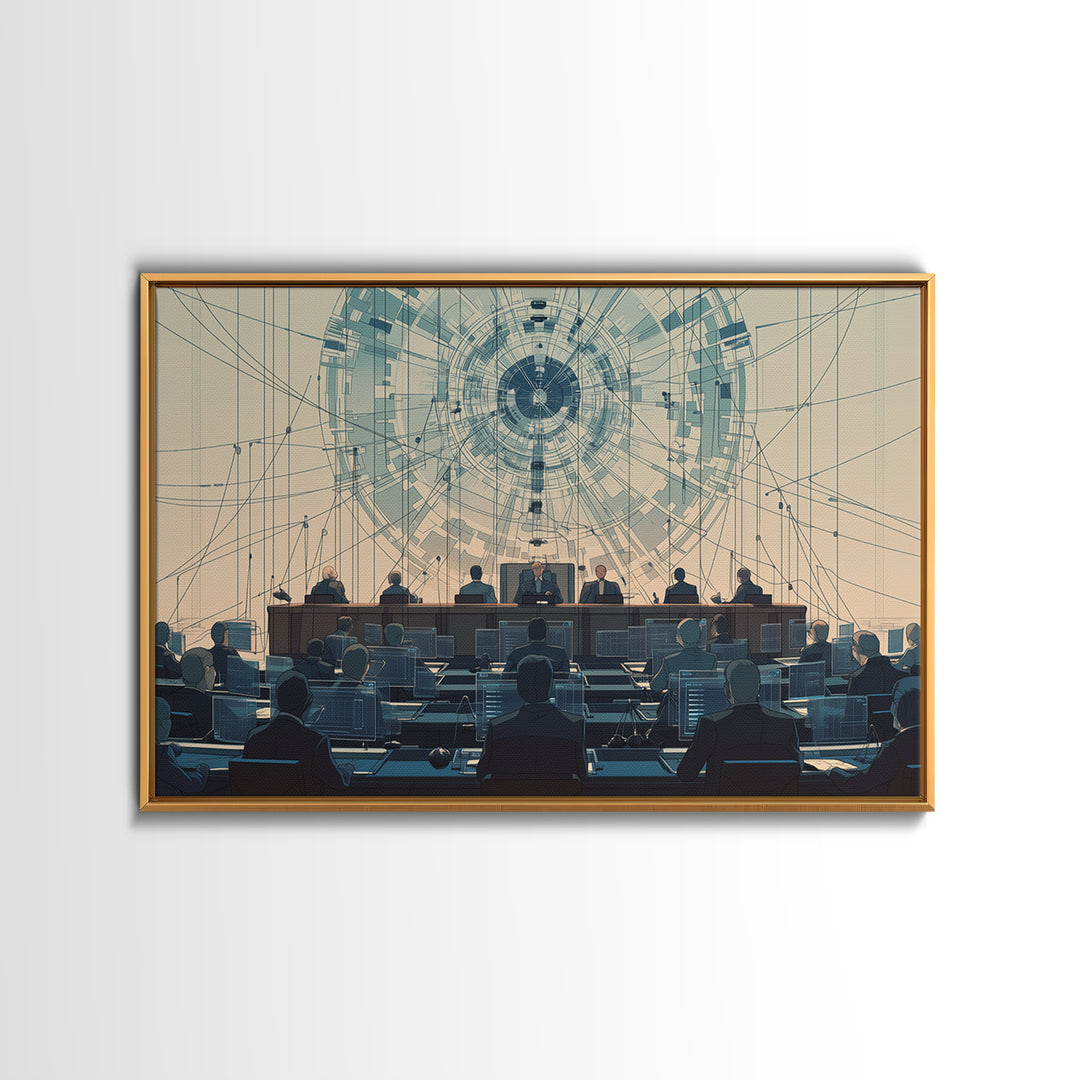 Futuristic Council Chamber Canvas Print, Digital Conference Hall Wall Decor, Modern Office Art For Lawyers And Leaders Gift