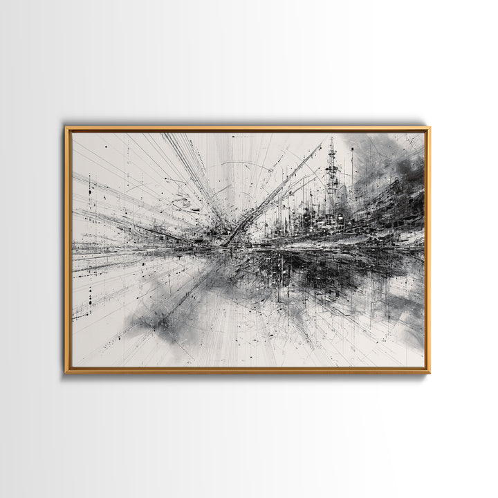 Monochrome Abstract Technical Skyline Canvas Print, Black And White Wall Decor, Minimalist Modern Office Art Gift For Study