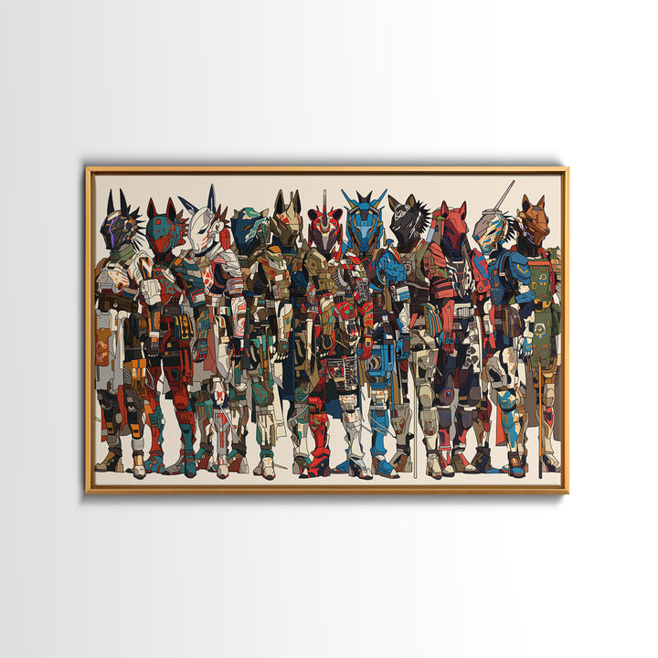 Futuristic African Mecha Warriors, Tribal Mask Canvas Print, Afrocentric Wall Art, Bold Black Culture Art, Modern Safari Decor